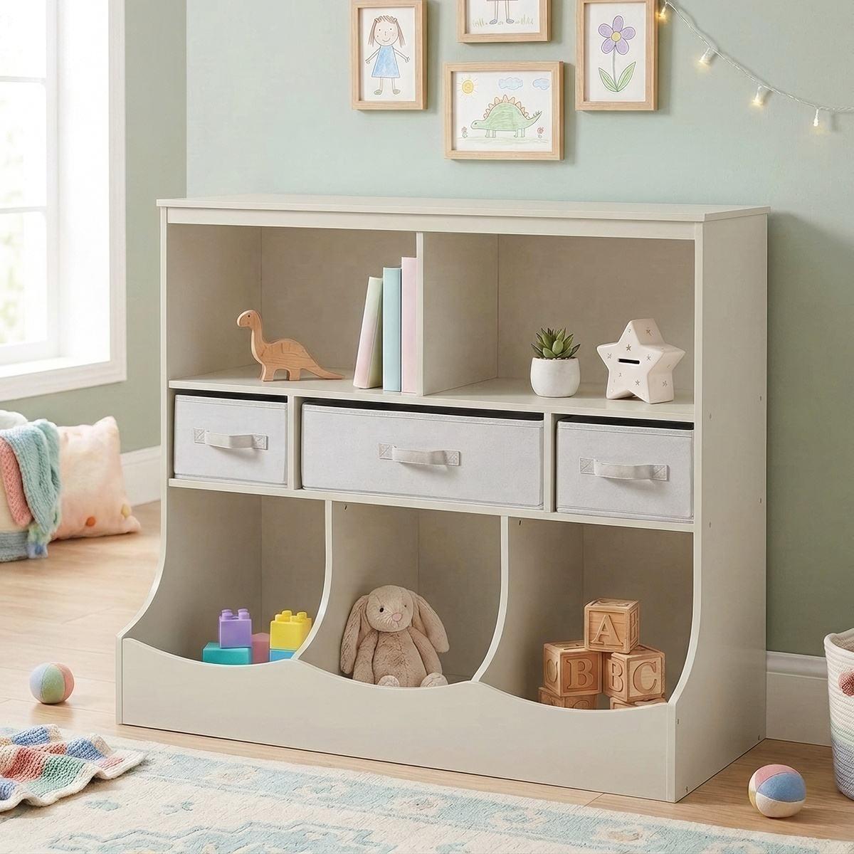 Custom Cashmere Children Living Room Organizer Furniture Wooden Book Toy Storage Cube Kids Cabinet w