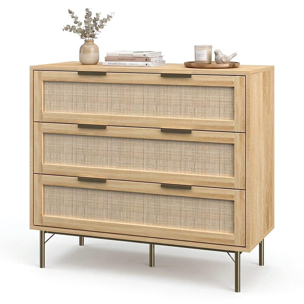 Nordic 3 Drawer Clothes Storage Chest Cabinet Living Room Bedroom Wood Rattan Dresser, Chest of Draw