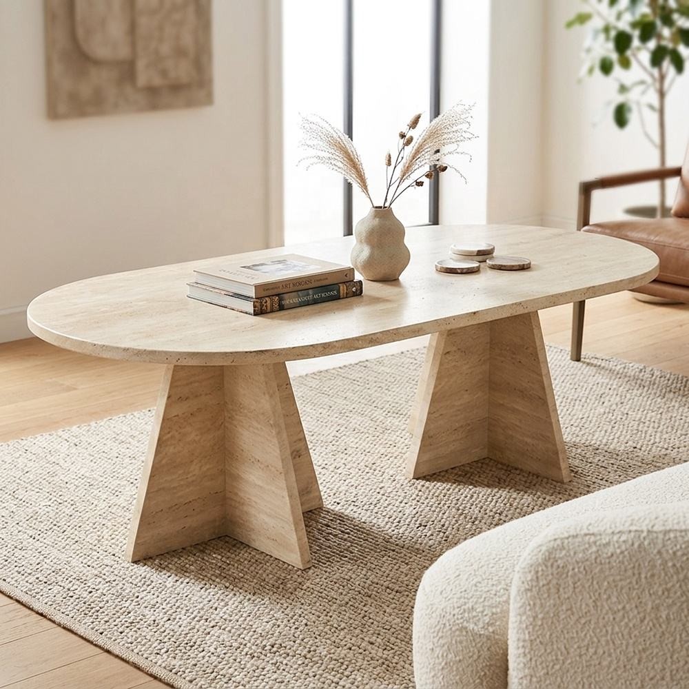 Modern Minimalist Travertine Look 120cm Home Living Room Wooden Coffee Table