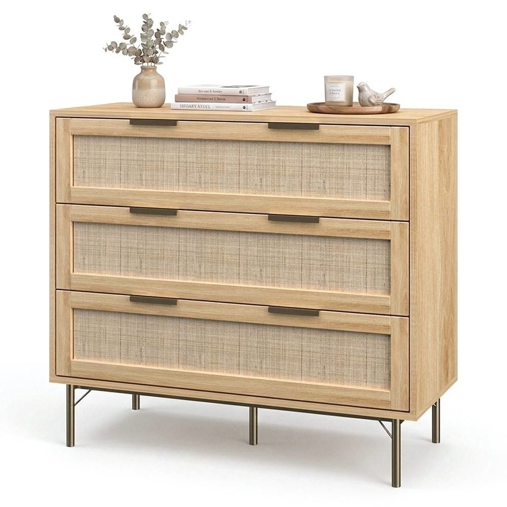 Nordic 3 Drawer Clothes Storage Chest Cabinet Living Room Bedroom Wood Rattan Dresser, Chest of Draw