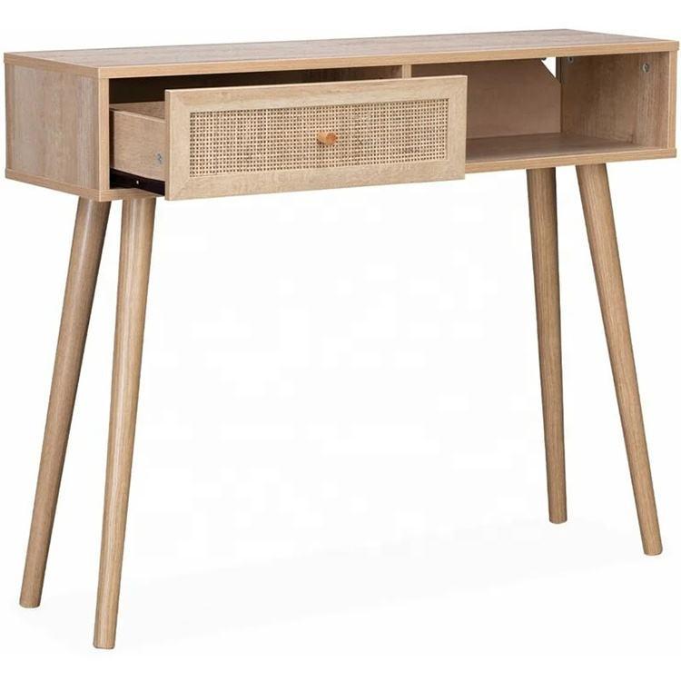 Modern Cheap Minimalist Rattan Wood Pc Table Home Office Laptop Computer Desks with Drawers, Console