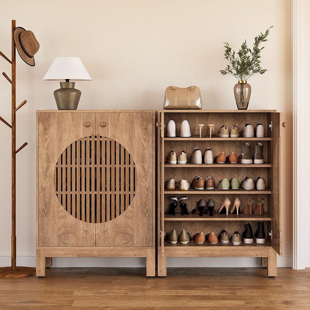 Multipurpose Modern 2 Door Entryway Hallway Storage Organizer Rattan Wood Shoe Rack Cabinet