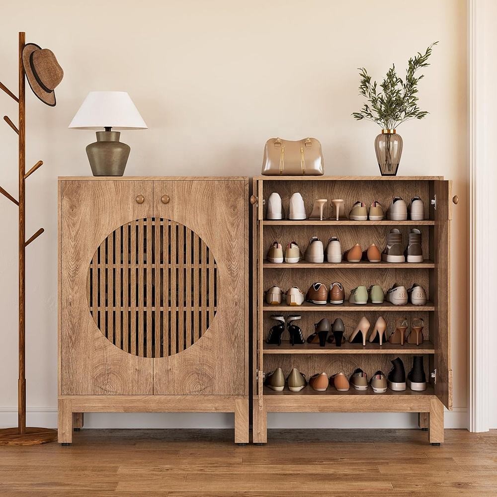 Multipurpose Modern 2 Door Entryway Hallway Storage Organizer Rattan Wood Shoe Rack Cabinet